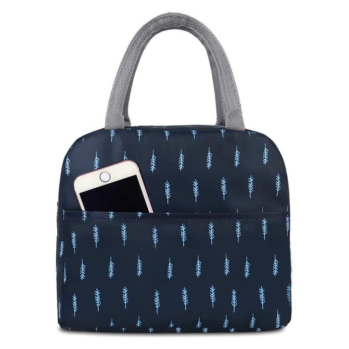 Textil hőszigetelt ebédtáska alumínium béléssel, elülső zsebbel és cipzárral, sötétkék/világoskék, 22x11.5x19 cm