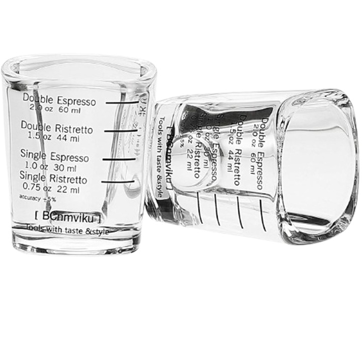 2 db mérőpohár (shot) készlet üvegből, beosztással, hőálló, négyzet alakú design, átlátszó, 2 x 60ml