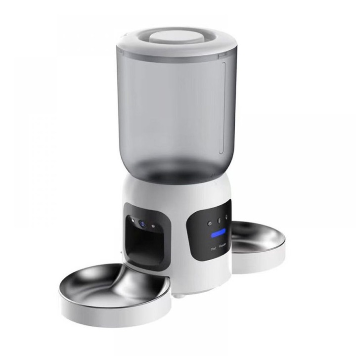 Automata etető macskáknak és kutyáknak, 2 tál, Wi-Fi 2.4/5 GHz alkalmazásvezérlés, lassú adagolás mód, 7 L kapacitás, fehér/ezüst, 1 db