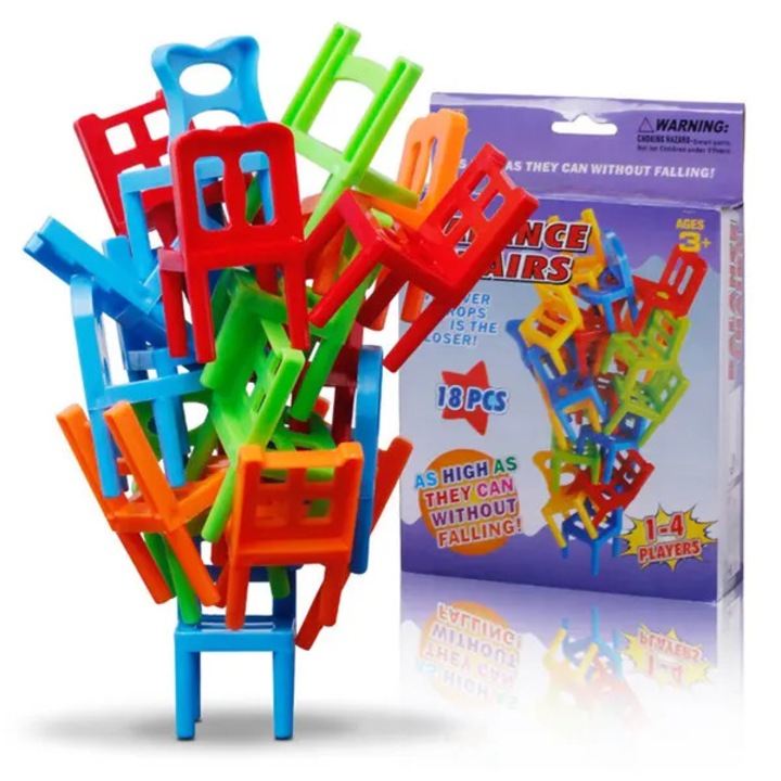 Joc de echilibru pentru copii, set scaune stivuibile, jucarie pedagogica din plastic, 18 piese, pentru 1-4 jucatori, 3+ ani, multicolor