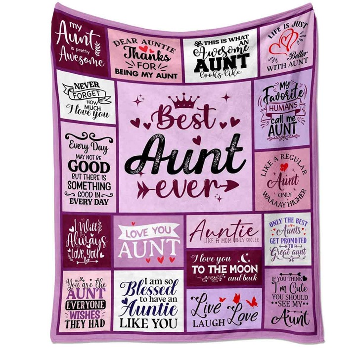 Patura fleece 152x203cm text Best Aunt Ever, usoara, rezistenta la spalare