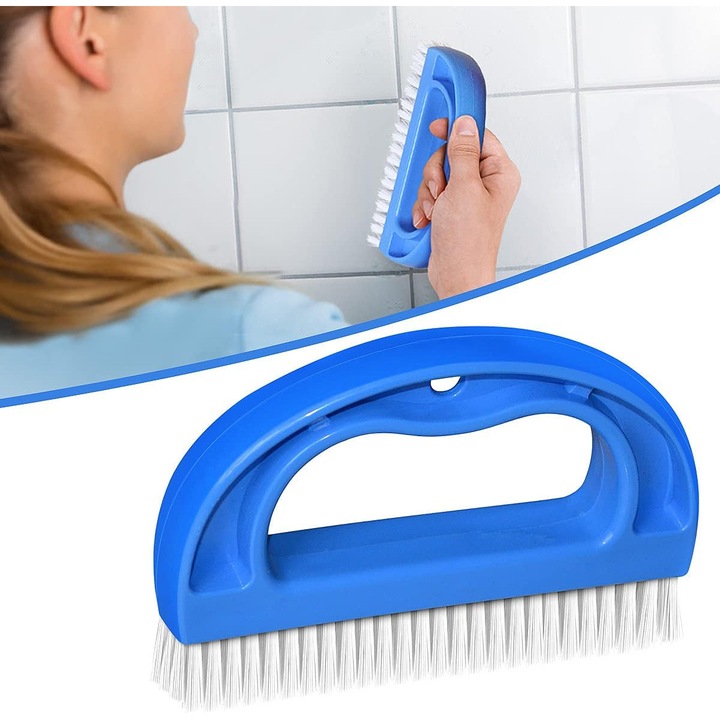 Fugatisztító kefe, tisztítókefe csempékhez és járólapokhoz, merev PET sörték, ergonomikus ívelt nyél, 4 sor sörték, Kék, 1 db