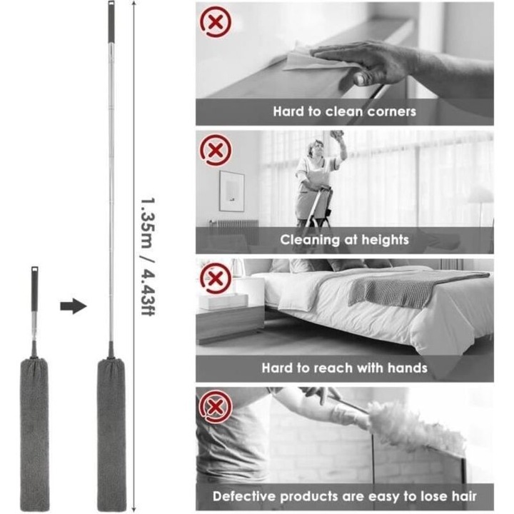 Perie pentru praf/curatator sub mobilier telescopic, microfibra, cap flexibil rabatabil, maner extensibil 24-94 cm, detasabil si lavabil, gri, 1 buc