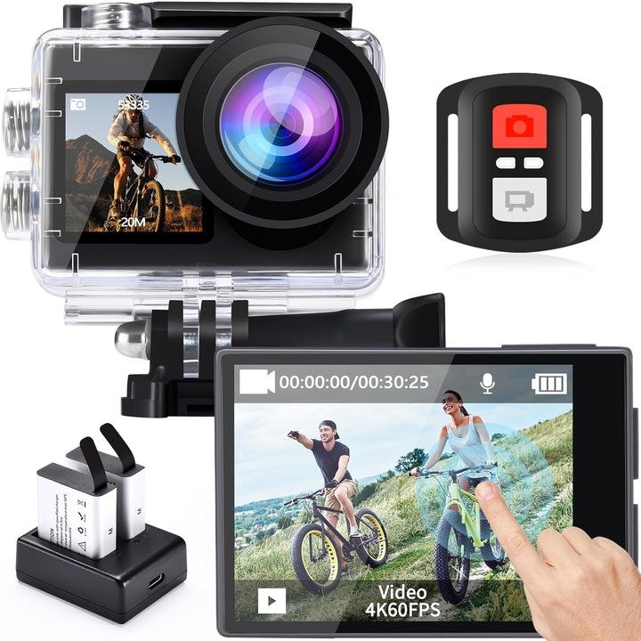 Екшън камера / спортна камера 4K 60FPS, 20MP, 5x увеличение, водоустойчива 30м с калъф, оптимизирана EIS стабилизация, WiFi и дистанционно управление, 2 батерии 1350mAh, включени аксесоари, Черна, 1 бр