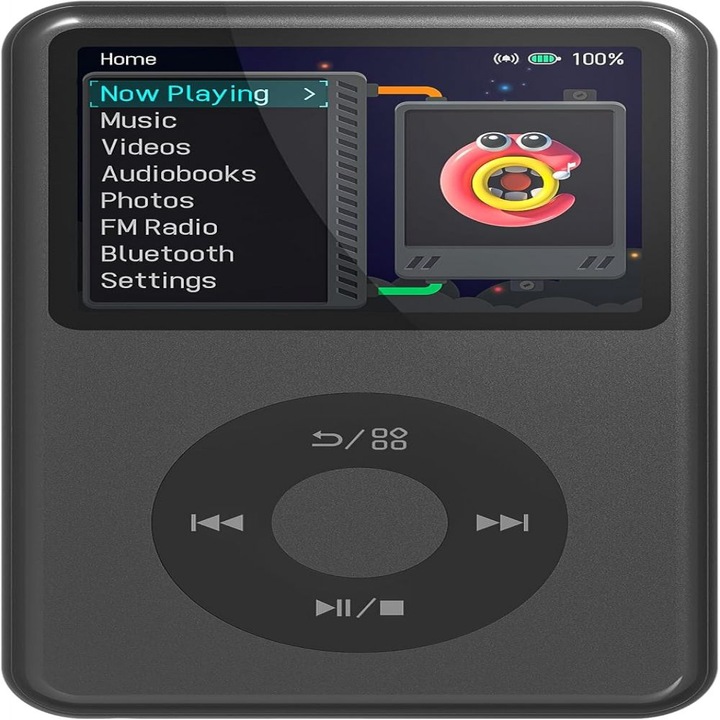 Hordozható mp3/mp4 multimédia lejátszó, Bluetooth-szal és 720p videólejátszással, wav/flac/ape kompatibilis, 25-30 óra üzemidő 1250mAh, érintésérzékeny vezérlőkerék, fekete