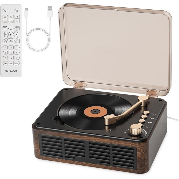 Player CD vintage Bluetooth, difuzoare stereo, FM, USB/AUX, lemn, cu telecomanda