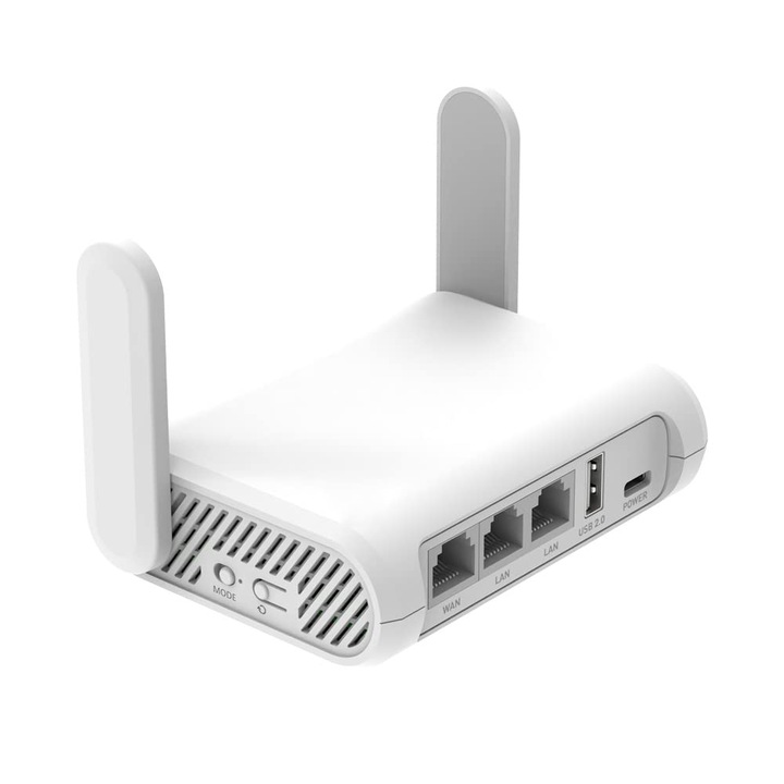 AC1200 hordozható vezeték nélküli router, mini router/repeater, kétsávos 2.4/5GHz 300/867 Mbps, előre telepített OpenWrt VPN támogatással (30+ szolgáltató), fehér, 145g, 2x gigabit LAN, 1x gigabit WAN, USB 2.0