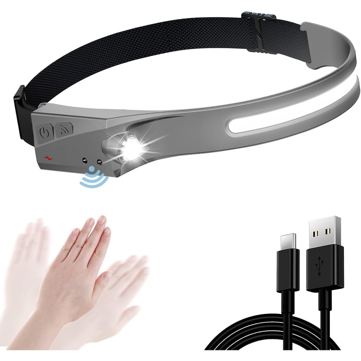 COB LED fejlámpa, 5 üzemmód, szenzoros, USB-ről tölthető, szürke