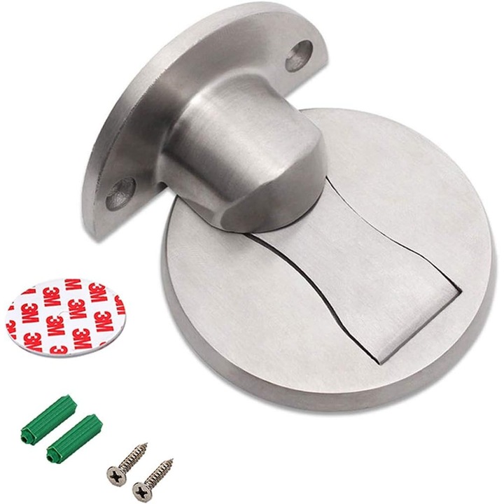Opritor magnetic pentru usa, opritor usa magnetic din otel inox SUS304, invizibil, montare fara gaurire cu banda 3M sau cu suruburi, magnet puternic, nichel satinat, 1 buc