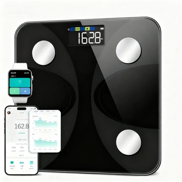 Cantar corporal digital Smart analizor compozitie 13 parametri, ecran LCD mare, sincronizare cu aplicatie bluetooth, precizie 100 g, capacitate 180 kg, negru, 1 buc