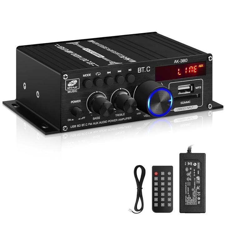 AK-380 HiFi audio/sztereó erősítő, Bluetooth 5.0, USB/SD/AUX, FM tuner, 400W+400W, 12V 5A tápegység mellékelve, Fekete, 1 db