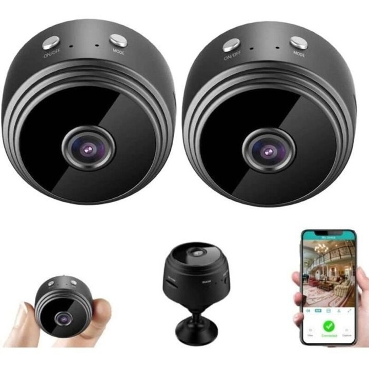 Set 2 bucati, Camera supraveghere Wi-Fi 1080p HD mini ascunsa, vedere nocturna, detectie miscare, Negru, 2 buc