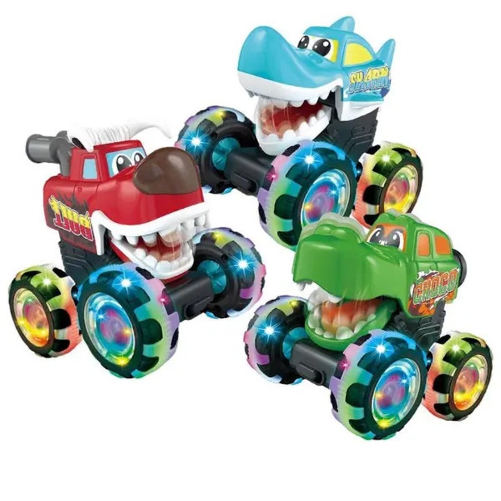 3 darabos szett, Monster truck kisautók fénnyel, többszínű LED kerekekkel, nyomd és engedd el mechanizmussal és mozgatható szájjal, Többszínű, 3 darab