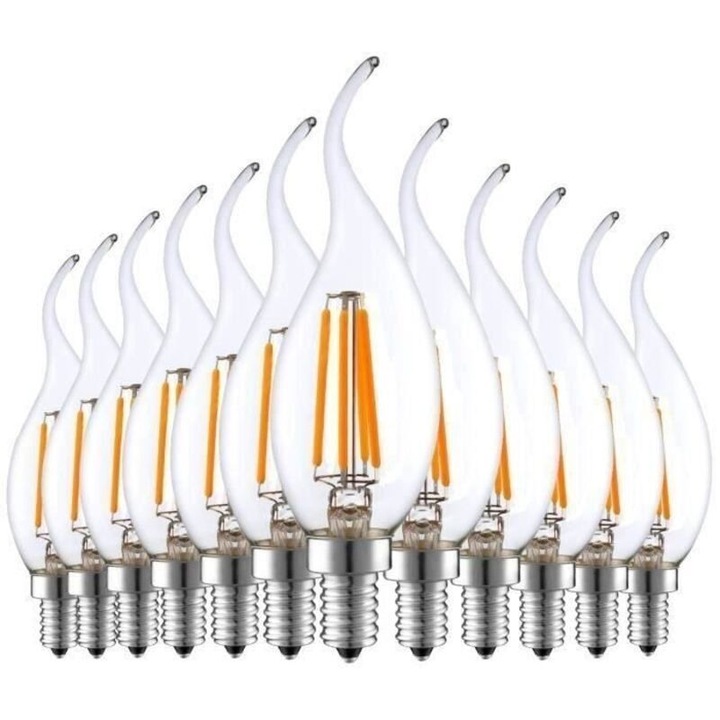 Set 12 bucati, Bec LED filament E14 LBQ42, 4W (echivalent 40W), forma flacara, 2700K alb cald, CRI >80, 20.000h, nedimabil
