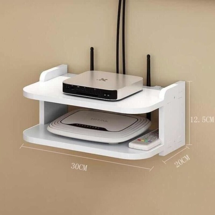 Raft perete pentru TV box si router WiFi, alb, 30cm