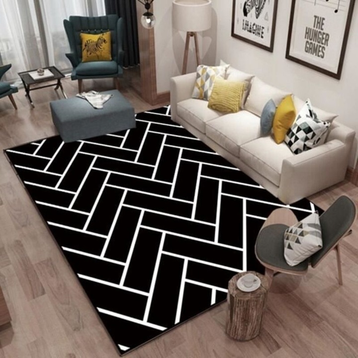 Beltéri szőnyeg/lábtörlő, Modern, kristály bársony, csúszásgátló, fekete/fehér geometrikus mintás, 80x120 cm