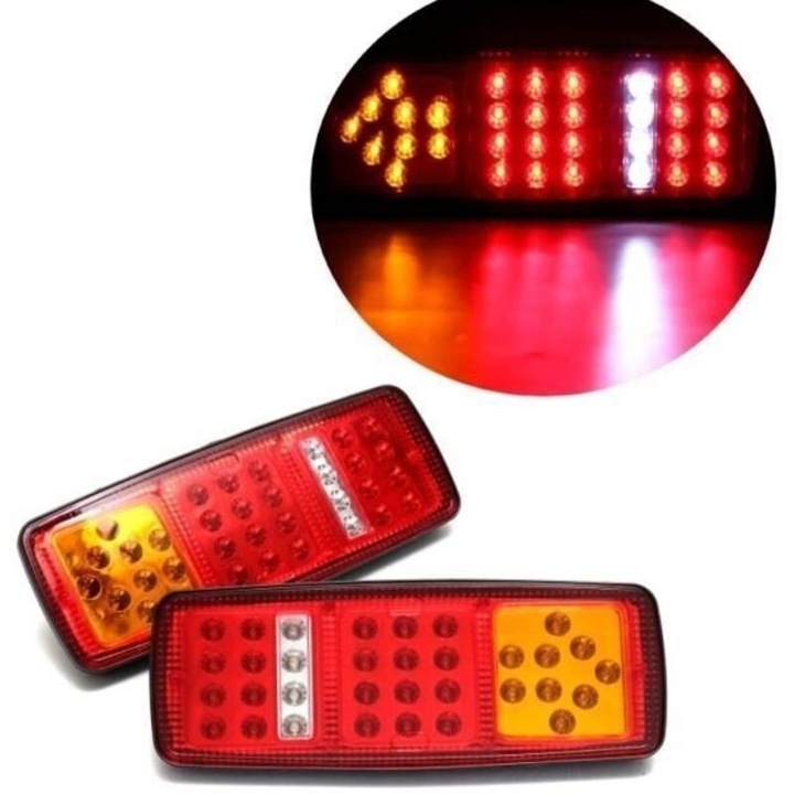 Set 2 bucati, lampi spate led 12V pentru camion remorca van rulota camper, 33 led, 4 functii (semnalizare/frana/pozitie/marsarier), montaj cu 2 bolturi M6, carcasa abs impermeabila, rosu/galben, 280x110x25 mm