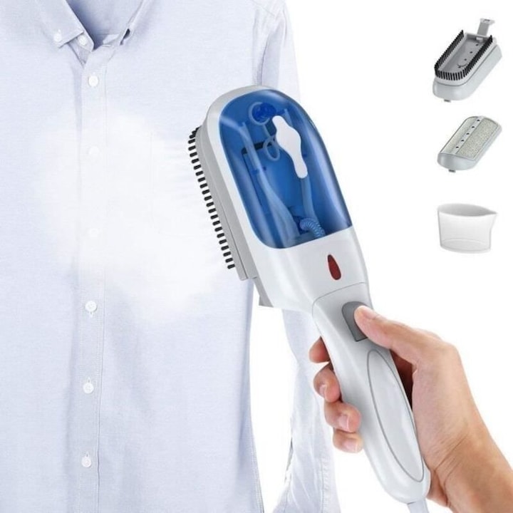 Fier de calcat portabil cu aburi 800W, incalzire rapida sub 1 minut, rezervor 100ml, compact si usor, include 2 perii detasabile, potrivit pentru toate tipurile de tesaturi, alb/albastru, 1 buc