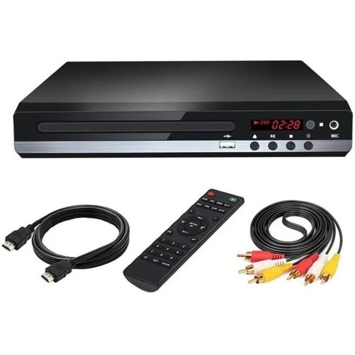 DVD плейър компактен 1080p, съвместим с множество региони, възпроизвеждане от USB и CD/DVD, 5.1-канален звук, HDMI и AV кабел включени, черен, 223 x 193 x 45 мм