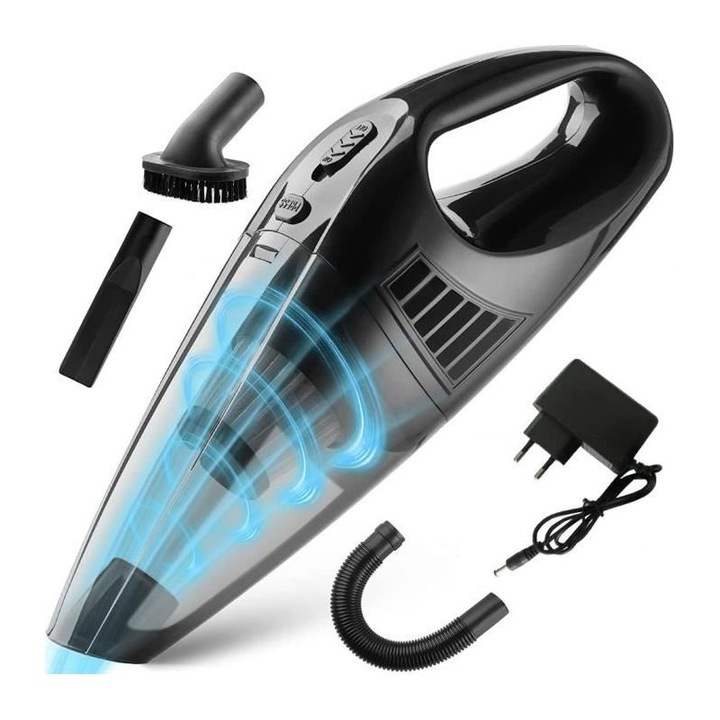 Aspirator auto portabil, aspirator de mana fara fir, putere mare, pentru uz auto si casnic, filtru inox lavabil, negru