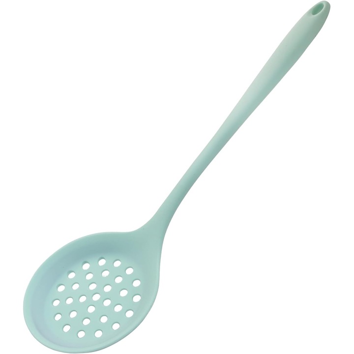 Élelmiszeripari szilikon szűrőkanál, karcálló, leeresztő nyílásokkal és akasztólyukkal, mentazöld, 31.8 cm