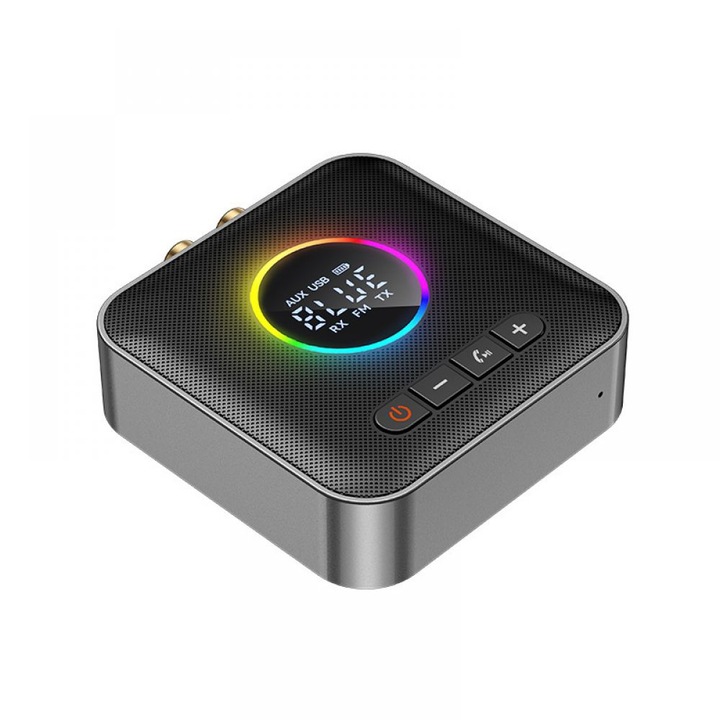 Adaptor bluetooth 3-in-1 transmitator-receptor fm, bluetooth 5.4 cu dsp si antena incorporata, afisaj, conexiuni aux 3.5mm/rca/usb, suport usb pana la 128GB, microfon incorporat, baterie 400mAh 6h, rgb, negru