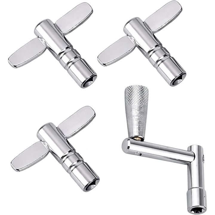 4 db dobhangoló kulcs készlet, krómozott acélból, 3 standard kulcs + 1 fokozatmentesen állítható kulcs, 6.35 mm (1/4 inch) négyzet alakú rudakhoz alkalmas, ezüst, 4 darab