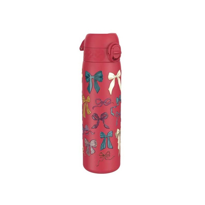 Bidon metalic Ion8 Fundite, din otel inoxidabil cu perete simplu, capac etans cu inchidere dubla, Rosu cu imprimeu multicolor, 600ml
