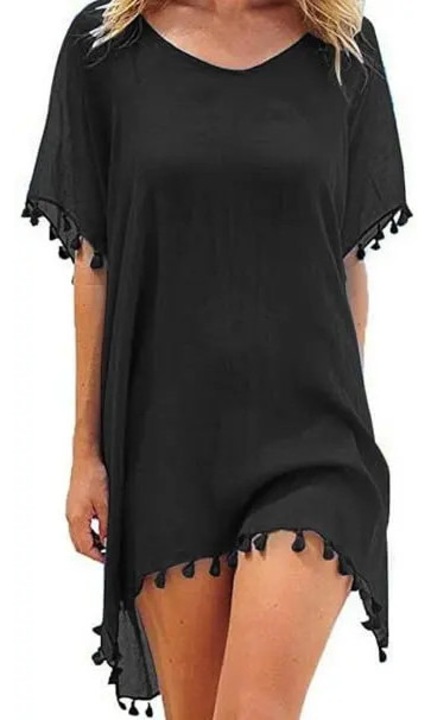 Féláttetsző sifon strandtunika/strandruha dekoratív rojtokkal, bő ujjakkal, V-nyakkivágással, Fekete, Egy méret (XS-4XL)