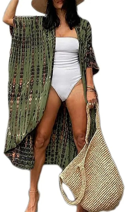 Kimono strandtextil, laza szabású tunika/strandruha kimonó ujjakkal, Kaki