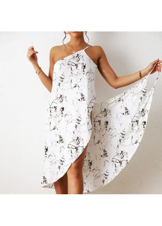 Rochie cover-up de plaja din matase de lapte, uscare rapida, cu bretea pe un umar si tiv asimetric, Mordely, alb/negru, L/XL/2XL