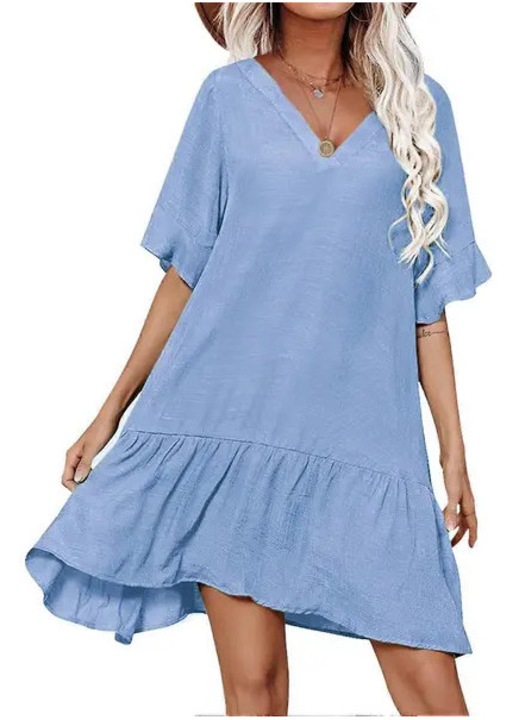 Rochie de plaja tunica cover-up din viscoza, decolteu adanc in V, maneci scurte cu volanas, croiala lejera, tiv cu volanas, albastru deschis, S-XL