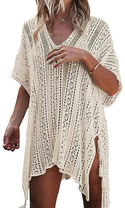 Női fürdőruha, horgolt, V-nyakú, fekete, univerzális méret 66x29inch