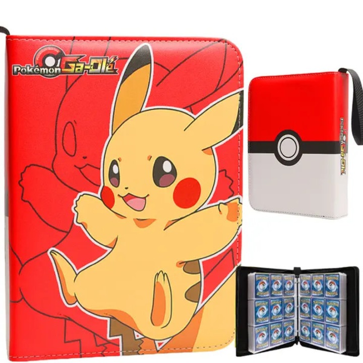 Колекционерски албум за карти, дизайн Pokemon Pikachu, 4 джоба на страница, 50 листа (до 400 карти), водоустойчива PU кожена корица с цип, Червено/Бяло, 1 бр