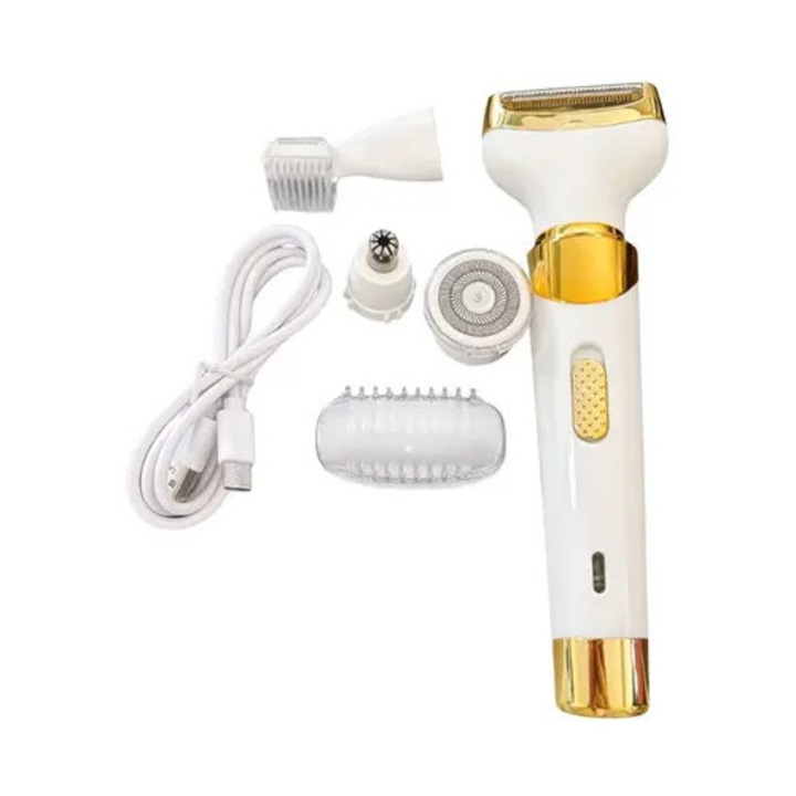 Epilátor és trimmer 4 az 1-ben, 4 cserélhető tartozékkal, USB-ről tölthető, vezeték nélküli, akár 40 perc üzemidő, fehér/arany, 1 db