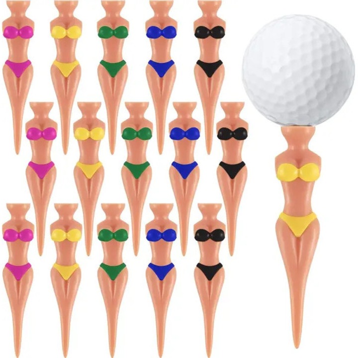 Golfpóló, 76 mm-es golfpólótartó, műanyag, újrafelhasználható, pin-up női design, többszínű, 15 darab