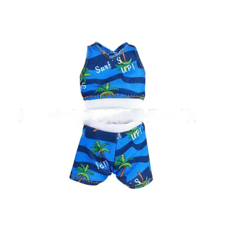 Fürdőruha babáknak, textil, 2 részes szett pálmafa mintával, kék, 30 cm-es babákhoz