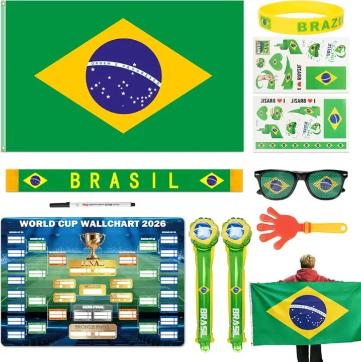 Set/kit suporteri fotbal Cupa Mondiala 2026 pentru Brazilia, cu steag national si esarfa, include ochelari de petrecere, bastoane de incurajare, clapper, autocolante tatuaje temporare si poster program meciuri, verde/galben, 11 piese