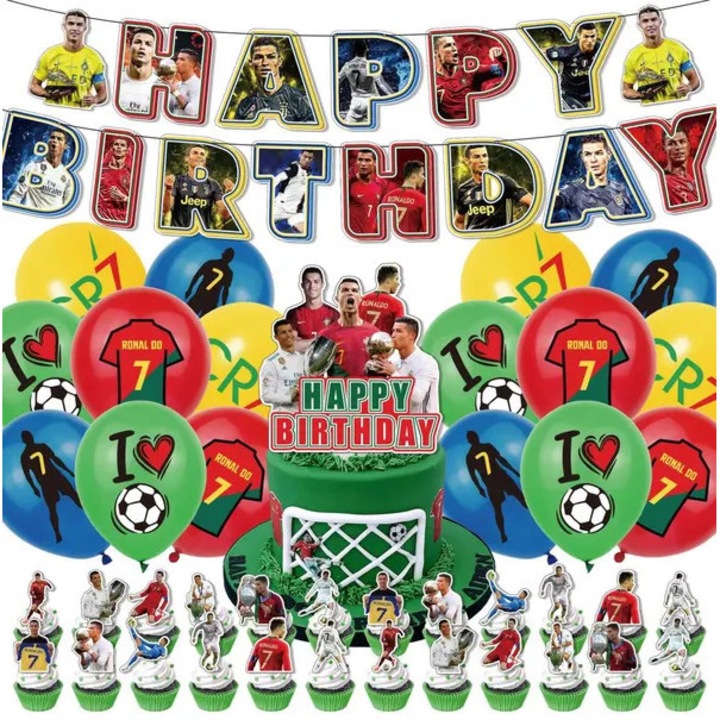 CR7 parti dekorációs szett, "boldog születésnapot" banner, CR7 logóval és 7-es sziluettekkel nyomtatott léggömbök, tortadísz és muffin díszek, futball témájú, többszínű, 1 szett