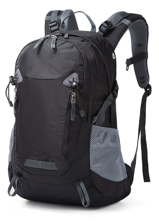 Rucsac de drumetie si calatorie din nylon, mare, rezistent la apa, cu buzunare laterale si bretele captusite, negru, 48 x 21 x 31 cm