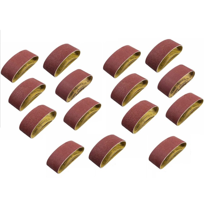 Set 15 bucati, benzi abrazive pentru slefuitor cu banda 100 x 610 mm, granulatii 80/120/150/240/400, oxid de aluminiu cu structura deschisa, legatura rasina si suport ranforsat, tratament anti-infundare, maro, 15 x 100 x 610 mm