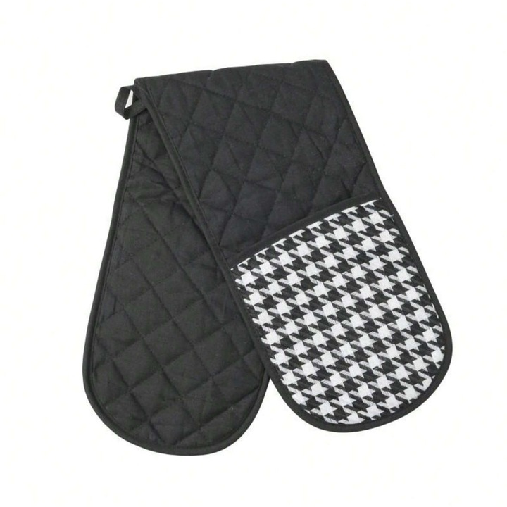 Hosszú konyhai kesztyű, houndstooth mintás, hőálló, fekete-fehér, 40x15cm Fekete