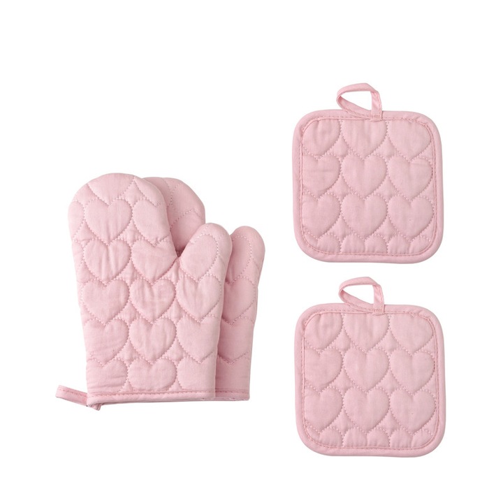 4 részes sütőkesztyű és hőálló alátét szett, 100% pamutból, bélelt, steppelt szív mintával, hőálló 500°C-ig, Rózsaszín