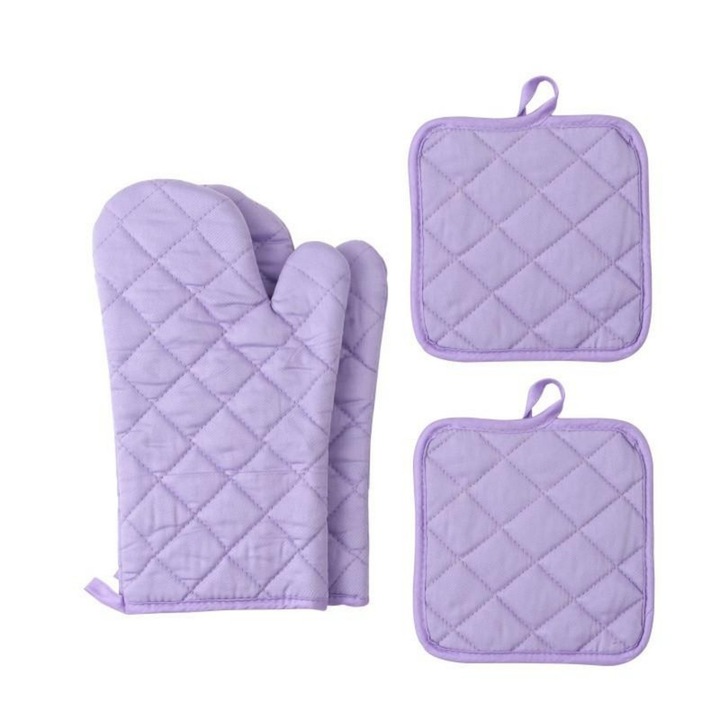 Konyhai kesztyű és hőálló alátét szett, lila, pamut, 4 darabos, 500°C, 30x30cm Levendula
