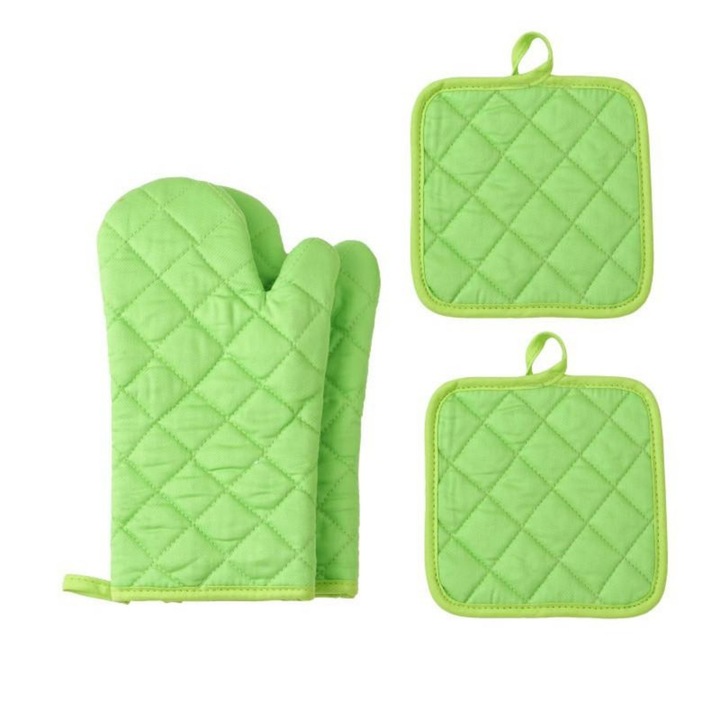 Konyhai kesztyű és hőálló alátét szett, zöld, 4 darabos, pamut, 500°C, 30x30cm Világoszöld