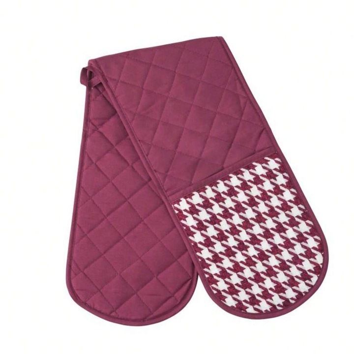 Hosszú konyhai kesztyű, houndstooth mintás, hőálló, bordó, 40x15cm Vörösbor