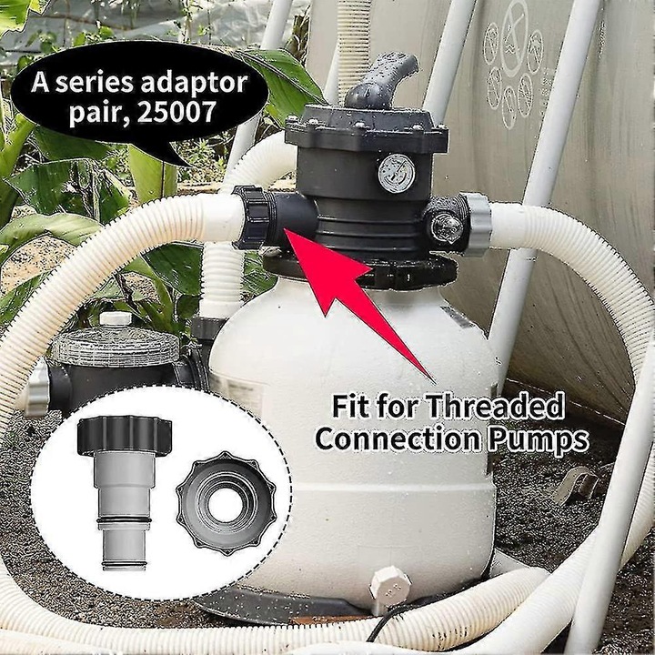Set 2 bucati, Adaptor pentru furtun Serie A 25007, conversie racord filetat la furtun cu clema, compatibil cu pompe Intex 4000/2500/2000/500 GPH, Gri