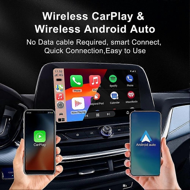 Адаптер CarPlay/Android Auto 2-в-1 AI Box, конвертор за CarPlay и Android Auto от кабелна към безжична връзка, Bluetooth 5.0 и WiFi 5.8GHz, Черен, 1 бр.