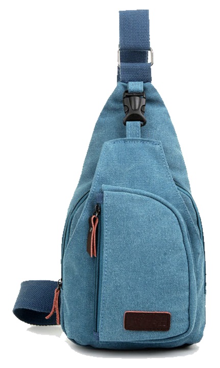 Geanta tip sling/rucsac de umar din panza canvas, rezistenta, usoara, cu multiple compartimente si organizare interna, albastru, 30 x 10 x 17 cm