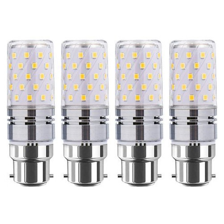 4 darabos készlet, B22 bajonett foglalatú LED kukorica izzó, 12 W (100 W-nak megfelelő), 1000 lm, semleges fehér 4000K, AC85-265V, 360° szórásszög, 29x89 mm